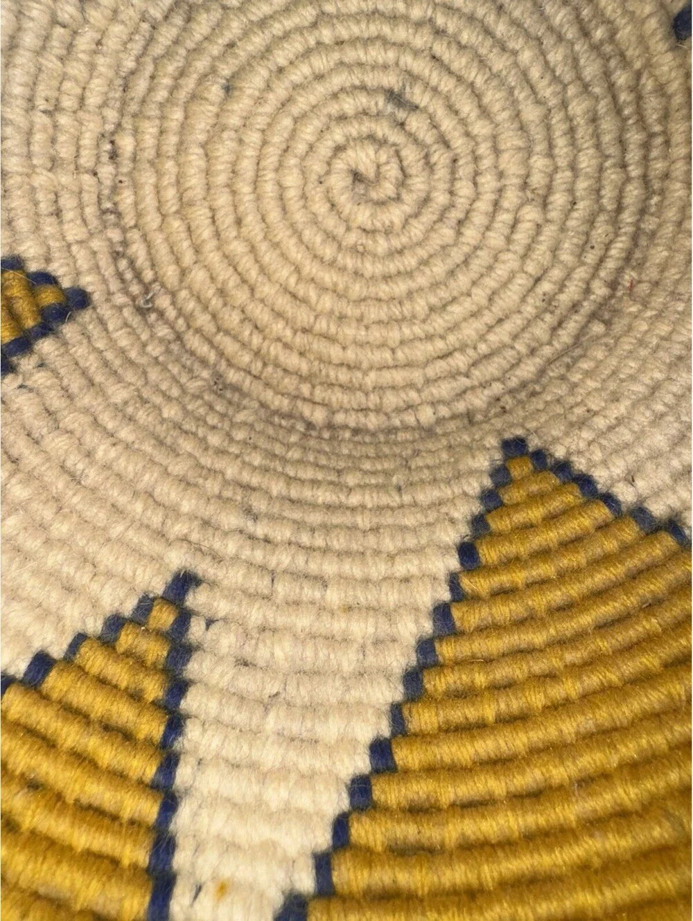 Handwoven African Wool Basket Blue Yellow White Starburst Design 9” Coiled Bowl